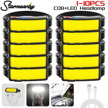 1-10PCS COB Frontlykter Bærbar LED Lyskaster med Innebygd Batteri 1200mah USB Oppladbar lommelykt Utendørs Husholdning Lommelykt