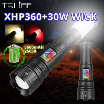 30 W Kraftig Lommelykt XHP360 LED+COB Hvitt Lys Teleskopisk Zoom TYPE-C-Inngang og-Utgang og Innebygd 5600mA 26650 Batteriet Fakler