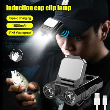 2 i 1 Induksjon Cap Klippet Lampe LED-Bølgen Sensor Hodelykt 5 Moduser for USB-Oppladbar Vanntett hodelykt Camping Fiske Lys